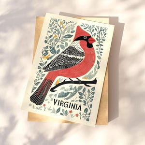 Virginia postcard featuring a state symbol — red cardinal bird. A perfect 4x6" Virginia souvenir for nature lovers, posrcrossers, snail mail lovers, bird watchers, and wildlife enthusiasts. Printed on premium matte cardstock, capturing the serene beauty of Virginia’s waterways. Wonderful watercolor postcard for mailing.