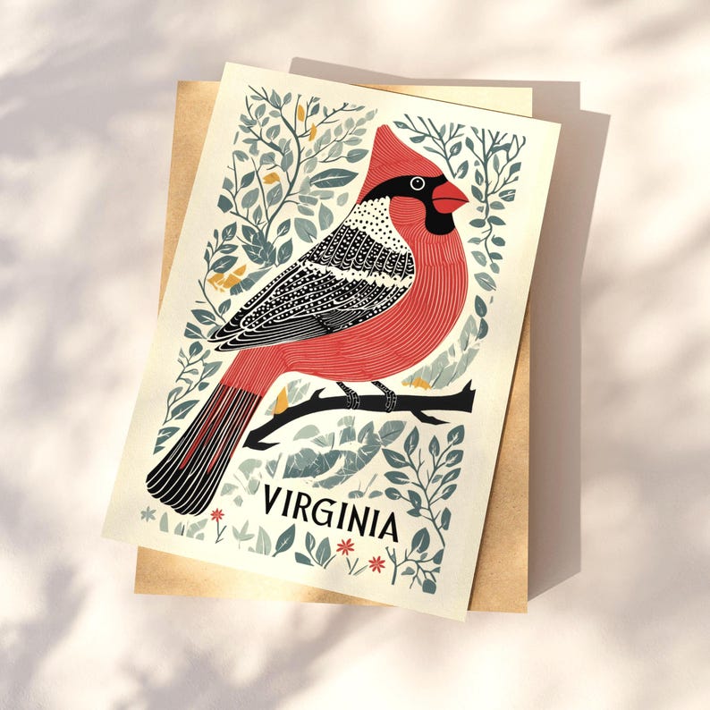 Virginia postcard featuring a state symbol — red cardinal bird. A perfect 4x6" Virginia souvenir for nature lovers, posrcrossers, snail mail lovers, bird watchers, and wildlife enthusiasts. Printed on premium matte cardstock, capturing the serene beauty of Virginia’s waterways. Wonderful watercolor postcard for mailing.