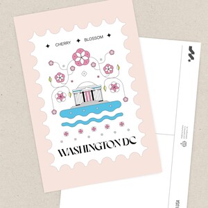 Washington DC cherry blossom postcard featuring a postage stamp design with the Jefferson Memorial and Tidal Basin in peak bloom. A perfect Washington DC souvenir, travel keepsake, and unique 4x6 postcard for cherry blossom lovers and postcrossers.