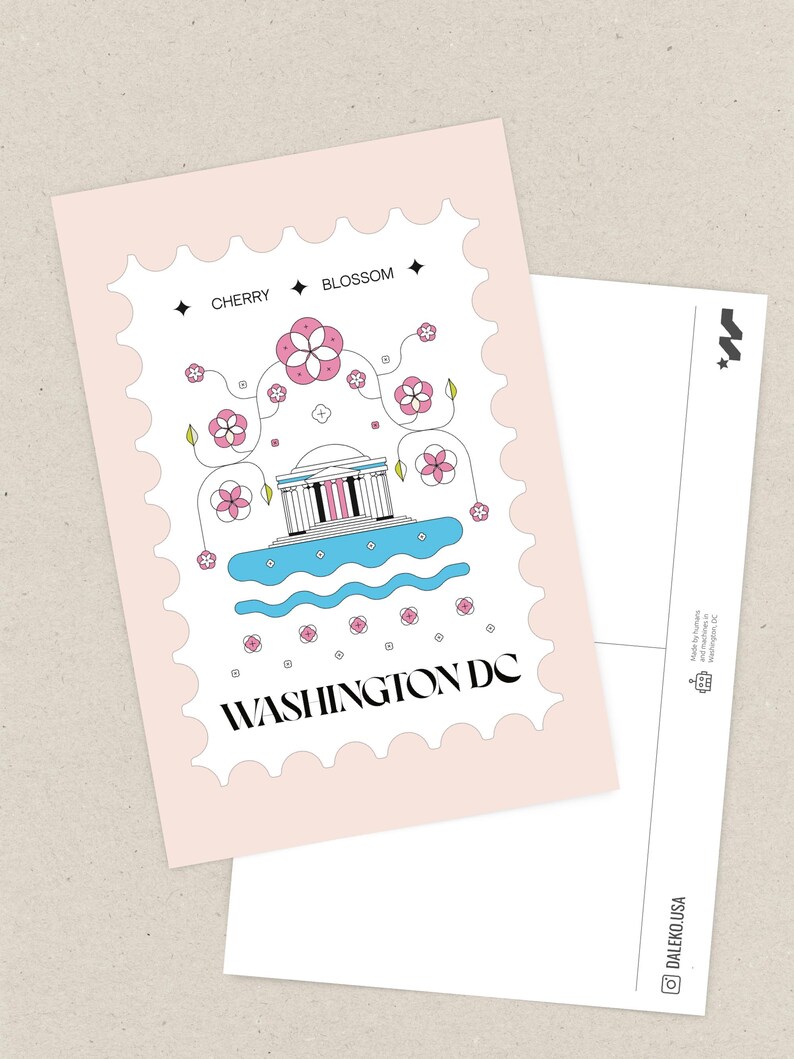 Washington DC cherry blossom postcard featuring a postage stamp design with the Jefferson Memorial and Tidal Basin in peak bloom. A perfect Washington DC souvenir, travel keepsake, and unique 4x6 postcard for cherry blossom lovers and postcrossers.
