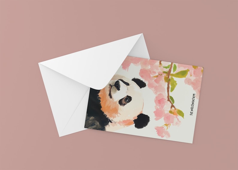 Charming Washington DC postcard featuring a whimsical watercolor and ink illustration of a giant panda lounging under blooming cherry blossom trees. A delightful National Mall souvenir, perfect for panda lovers, cherry blossom fans, and DC visitors.