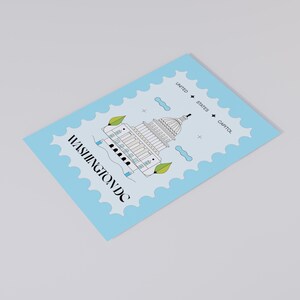 Modern minimalist Washington DC postcard featuring a postage stamp-inspired illustration of the US Capitol on a sky-blue background. A stylish and unique Washington DC travel souvenir, political art print, or collector’s item. High-quality 4x6 postcard, perfect for sending or displaying