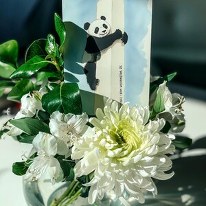 Washington DC postcard featuring a whimsical illustration of a giant panda climbing The Washington Monument. A fun and charming souvenir celebrating the return of pandas to DC. Perfect gift for panda lovers, Washingtonians and DC enthusiasts!