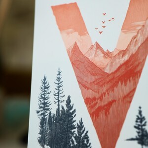 Virginia postcard featuring the letter "V" artistically intertwined with lush forests and majestic mountain peaks. A perfect 4x6" Virginia souvenir celebrating the state’s natural beauty. Printed on premium matte cardstock, ideal for nature lovers, hikers, and adventure seekers.