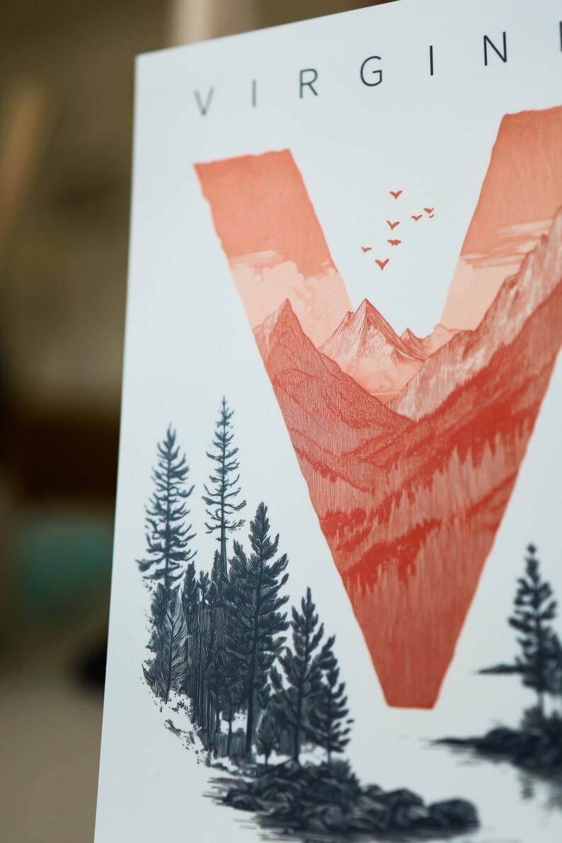 Virginia postcard featuring the letter "V" artistically intertwined with lush forests and majestic mountain peaks. A perfect 4x6" Virginia souvenir celebrating the state’s natural beauty. Printed on premium matte cardstock, ideal for nature lovers, hikers, and adventure seekers.
