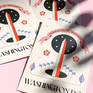 The Washington Monument postcard featuring a modern hand-drawn illustration. Elegant 4x6 postcard with National Mall artwork, perfect for collectors, postcrossing, and travel souvenirs.