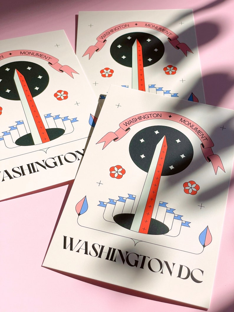 The Washington Monument postcard featuring a modern hand-drawn illustration. Elegant 4x6 postcard with National Mall artwork, perfect for collectors, postcrossing, and travel souvenirs.