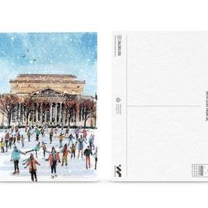 Washington DC Christmas postcard featuring a festive illustration of ice skaters at the National Gallery Sculpture Garden Ice Rink with snowy trees and holiday lights. Perfect DC holiday souvenir, Christmas greeting card, winter travel keepsake, or New Year postcard. Printed on luxe 4x6 matte cardstock, locally made in Washington DC & Virginia. Great for holiday decor lovers, DC travelers, and postcard collectors.