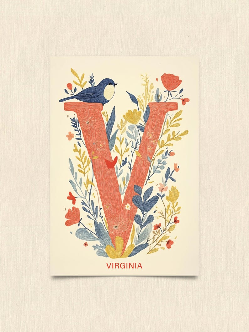 Virginia postcard featuring the letter "V" decorated with delicate floral patterns and charming birds. A 4x6" nature-inspired Virginia souvenir, printed on premium matte cardstock, celebrating the state's natural beauty and wildlife.