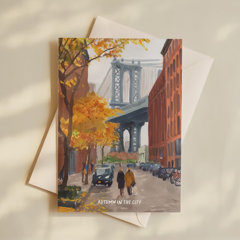 Set of 5 watercolor New York postcards capturing autumn in the city: Central Park fall foliage, Dumbo with Manhattan Bridge, Soho streetscape, Park Avenue rainy scene, and cozy NYC autumn vibes. Perfect for NYC souvenirs, travel gifts, stationery fans, or autumn lovers.