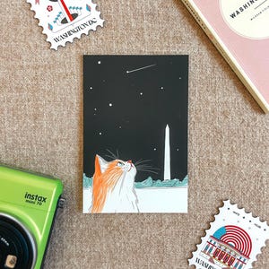 Hand-drawn Washington DC postcard featuring a cozy cat under the Washington Monument at night with a comet in the sky. Perfect DC souvenir, gift, or collectible for cat lovers, stargazers, and fans of unique illustration art