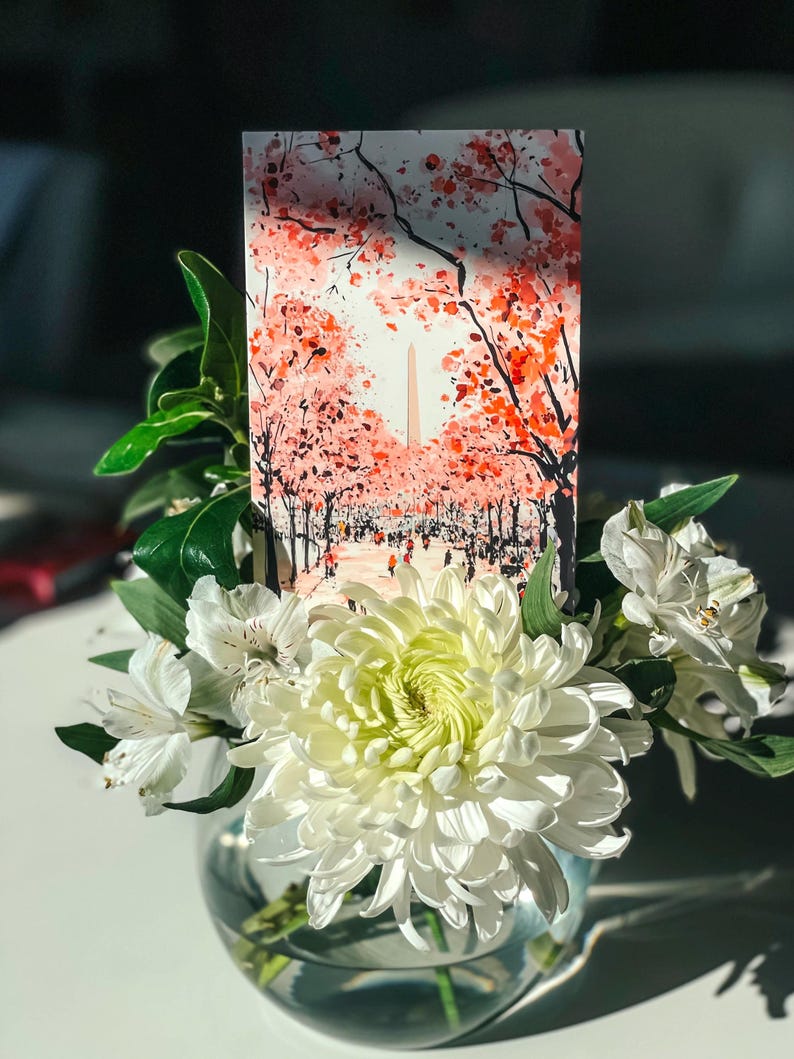 Vibrant cherry blossom art postcard with The Washington Monument, a unique Washington DC souvenir for spring lovers, cherry blossom postcard perfect for gifts or decor