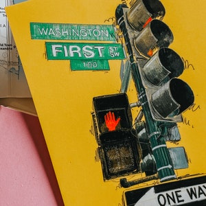 Carte postale dessinée à la main de Washington DC, plaques de rue et feux de circulation, aquarelle dessinée à la main, souvenir unique de Washington DC, carte postale 4 x 6