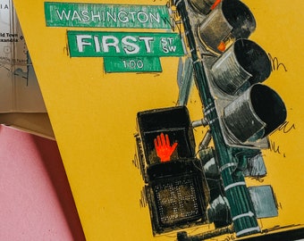 Carte postale dessinée à la main de Washington DC, plaques de rue et feux de circulation, aquarelle dessinée à la main, souvenir unique de Washington DC, carte postale 4 x 6