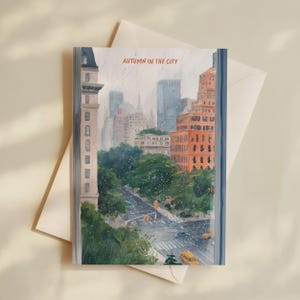 Set of 5 watercolor New York postcards capturing autumn in the city: Central Park fall foliage, Dumbo with Manhattan Bridge, Soho streetscape, Park Avenue rainy scene, and cozy NYC autumn vibes. Perfect for NYC souvenirs, travel gifts, stationery fans, or autumn lovers.