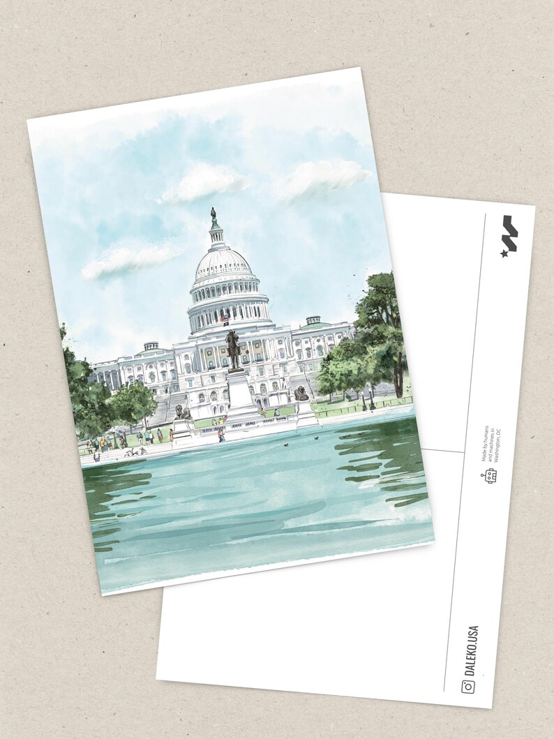 Hand-Drawn Washington DC Postcard, US Capitol Building Art, Unique Washington DC Gift And Souvenir, Modern 4x6 Illustration Postcard. Hand-drawn art, watercolor illustration, perfect gift or souvenir for postcrossers and collectors