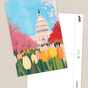 Vibrant cherry blossom art postcard with The US Capitol surrounded by flowers and cherry blossom trees, a unique Washington DC souvenir for spring lovers, cherry blossom postcard perfect for gifts or decor