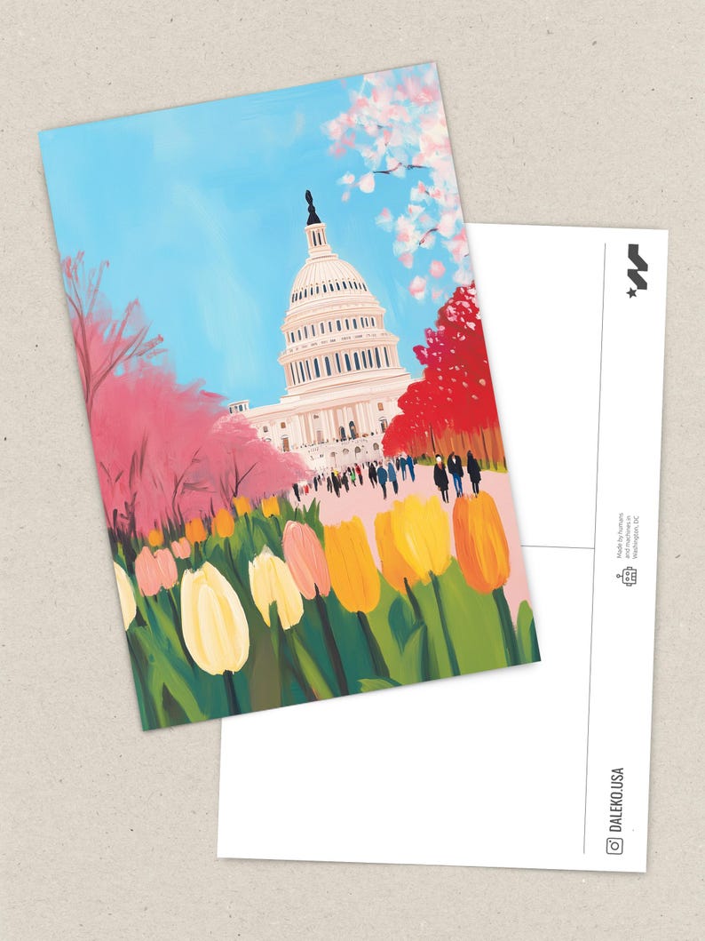 Vibrant cherry blossom art postcard with The US Capitol surrounded by flowers and cherry blossom trees, a unique Washington DC souvenir for spring lovers, cherry blossom postcard perfect for gifts or decor