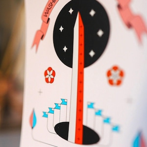 The Washington Monument postcard featuring a modern hand-drawn illustration, National Mall souvenir, Washington DC art, perfect for collectors and postcrossers.