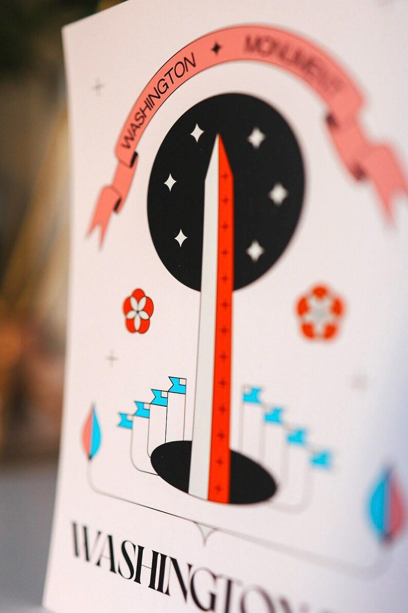 The Washington Monument postcard featuring a modern hand-drawn illustration, National Mall souvenir, Washington DC art, perfect for collectors and postcrossers.