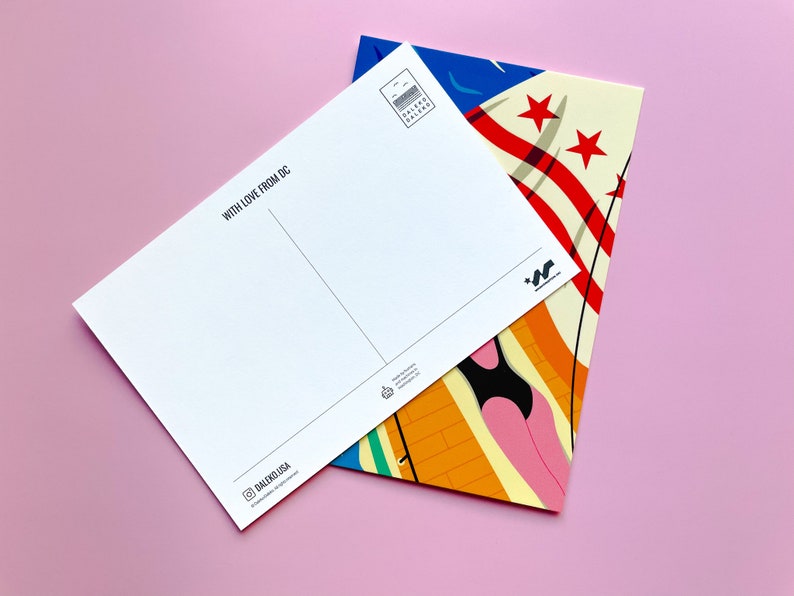 Modern Washington DC postcard featuring a girl yachting on the Potomac River under the DC flag, stylish vector art, souvenir, sailing-themed 4x6 postcard
