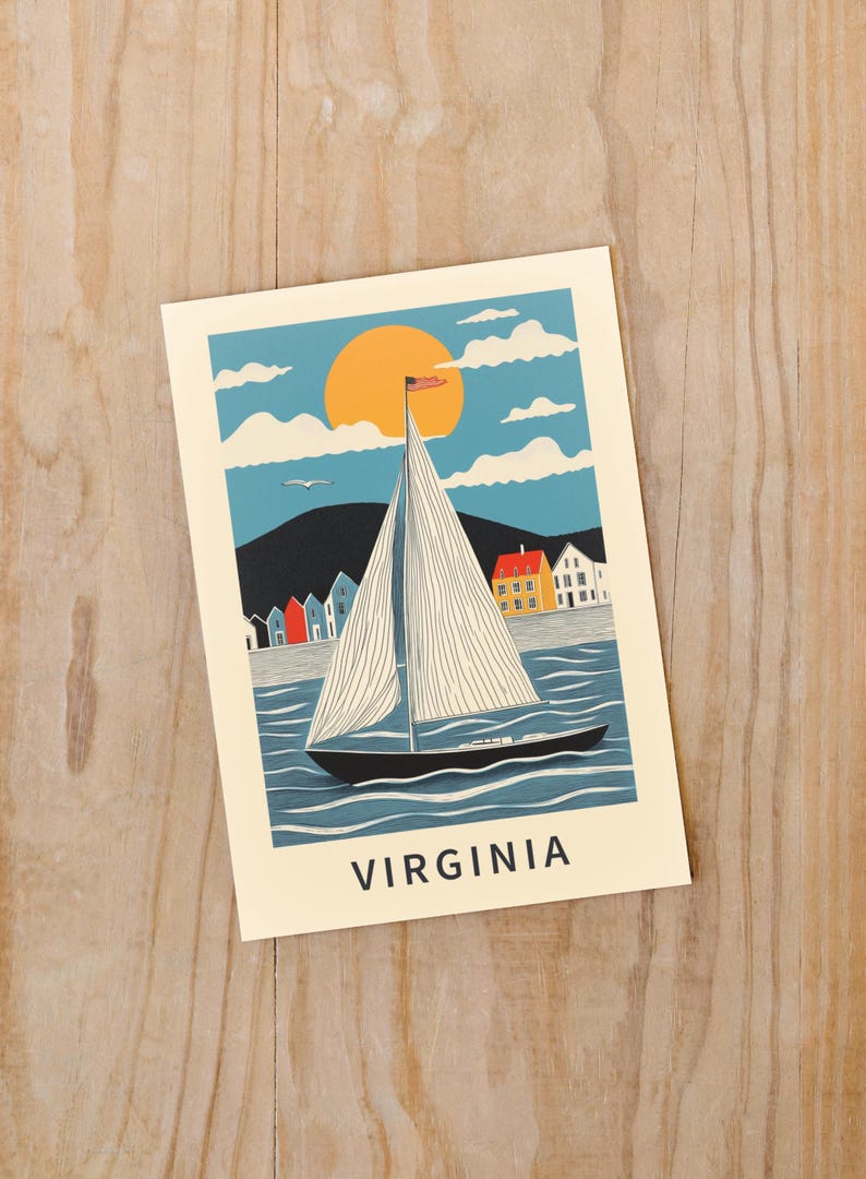 Whimsical Virginia sailboat postcard featuring a nautical watercolor illustration of a yacht on the ocean. Chesapeake Bay and Virginia Beach travel souvenir. Coastal home decor, seaside gift, sailing adventure print, and maritime art keepsake