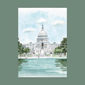 Hand-Drawn Washington DC Postcard, US Capitol Building Art, Unique Washington DC Gift And Souvenir, Modern 4x6 Illustration Postcard. Hand-drawn art, watercolor illustration, perfect gift or souvenir for postcrossers and collectors
