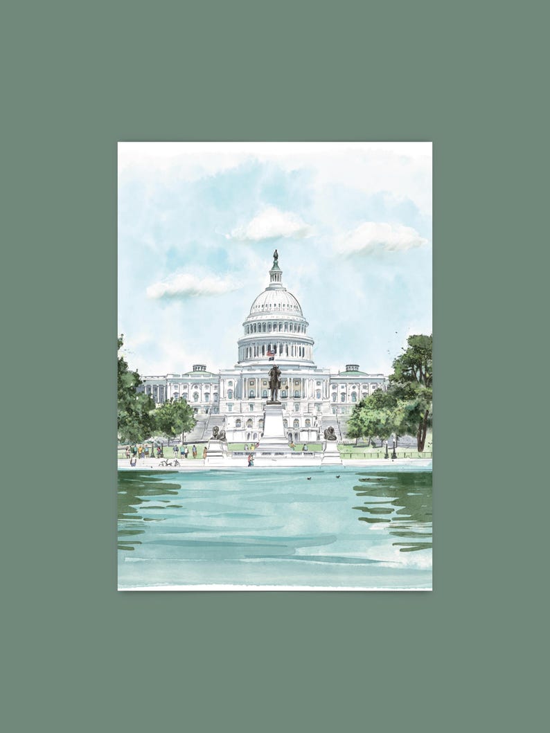 Hand-Drawn Washington DC Postcard, US Capitol Building Art, Unique Washington DC Gift And Souvenir, Modern 4x6 Illustration Postcard. Hand-drawn art, watercolor illustration, perfect gift or souvenir for postcrossers and collectors