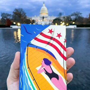 Modern Washington DC postcard featuring a girl yachting on the Potomac River under the DC flag, stylish vector art, souvenir, sailing-themed 4x6 postcard