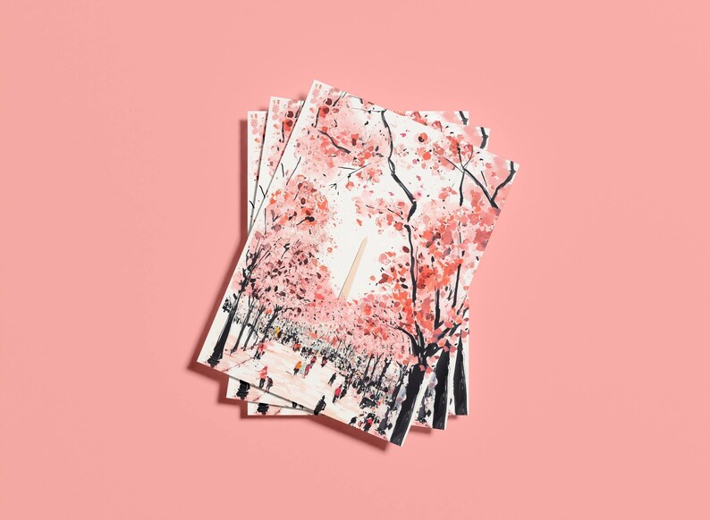 Vibrant cherry blossom art postcard with The Washington Monument, a unique Washington DC souvenir for spring lovers, cherry blossom postcard perfect for gifts or decor