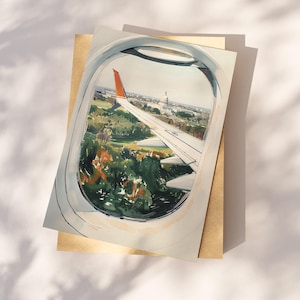 Hand-drawn Washington DC postcard featuring watercolor and ink illustration with the US Capitol Building seen from the airplane window. Elegant 4x6 postcard with watercolor-style artwork, perfect for Washington DC tourists, DC locals, collectors, post crossers, and travel souvenirs collectors.