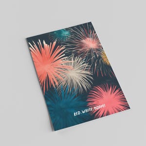Cartolina del 4 luglio, cartolina dei fuochi d'artificio Red White Boom del 4 luglio, biglietto di auguri per il 4 luglio, cartolina del giorno dell'indipendenza