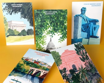 Juego de postales de acuarela de Washington D.C.: Un día en D.C. (Paquete de 5 postales de viaje de 4x6 pulgadas)