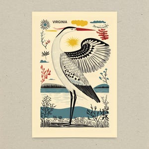 Virginia postcard featuring a majestic heron, the state’s graceful water bird, standing by the water’s edge. A perfect 4x6" Virginia souvenir for nature lovers, posrcrossers, snail mail lovers, bird watchers, and wildlife enthusiasts. Printed on premium matte cardstock, capturing the serene beauty of Virginia’s waterways. Wonderful watercolor postcard for mailing.