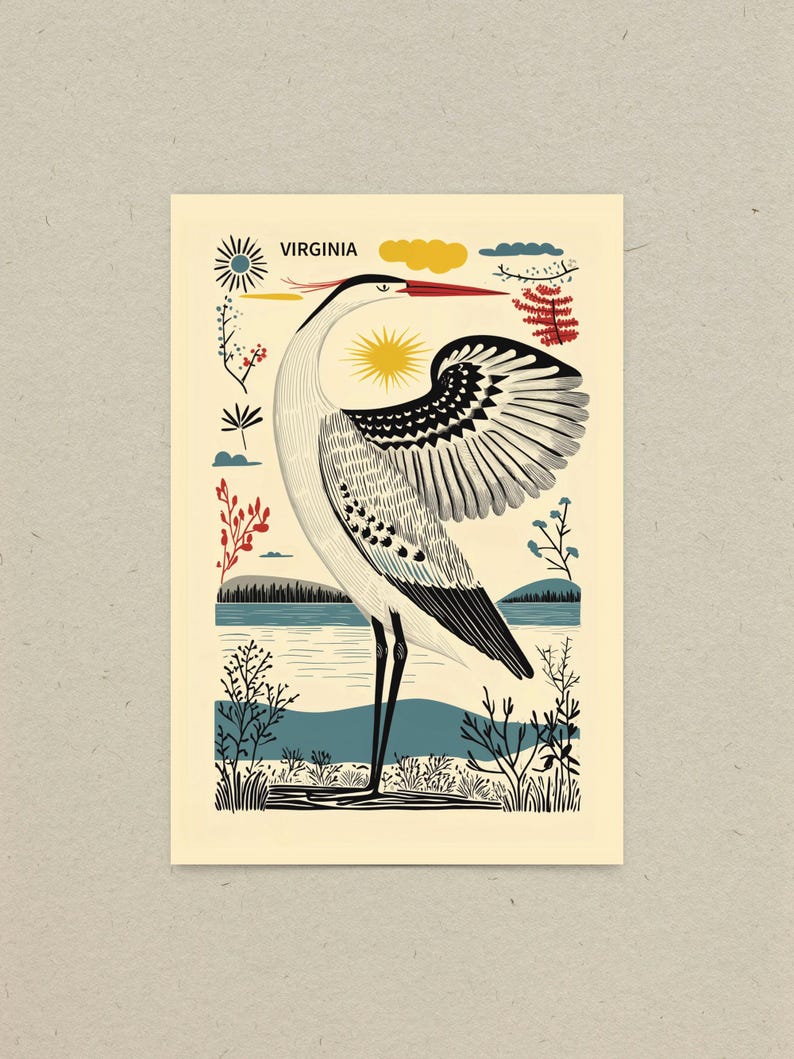 Virginia postcard featuring a majestic heron, the state’s graceful water bird, standing by the water’s edge. A perfect 4x6" Virginia souvenir for nature lovers, posrcrossers, snail mail lovers, bird watchers, and wildlife enthusiasts. Printed on premium matte cardstock, capturing the serene beauty of Virginia’s waterways. Wonderful watercolor postcard for mailing.