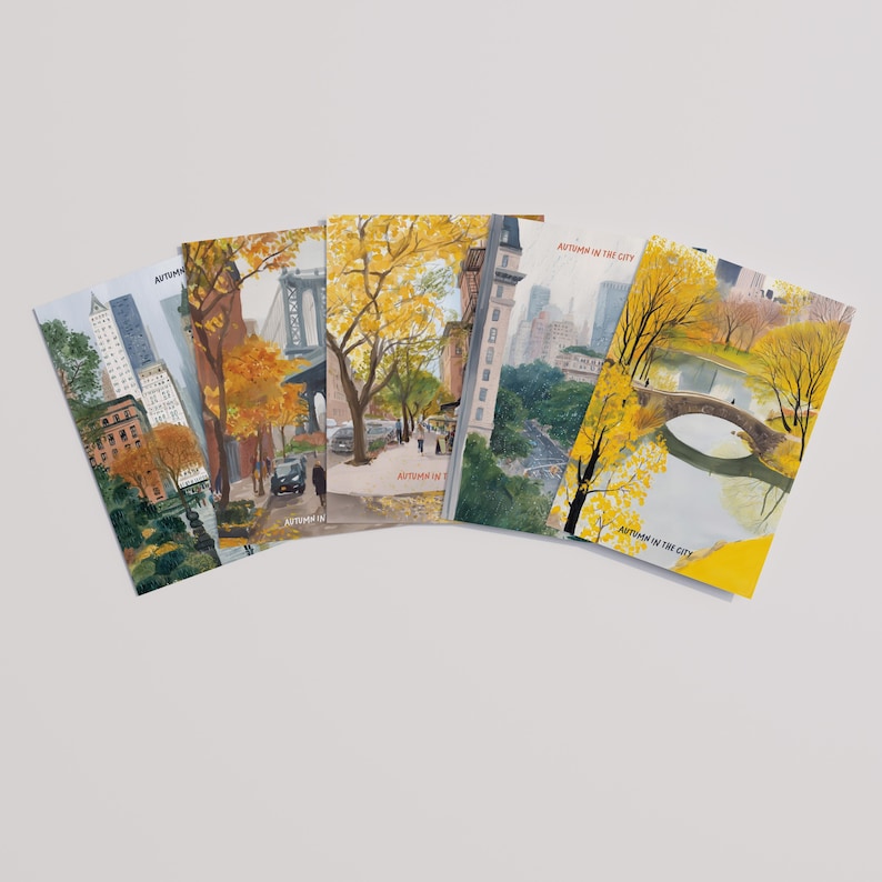 Set of 5 watercolor New York postcards capturing autumn in the city: Central Park fall foliage, Dumbo with Manhattan Bridge, Soho streetscape, Park Avenue rainy scene, and cozy NYC autumn vibes. Perfect for NYC souvenirs, travel gifts, stationery fans, or autumn lovers.