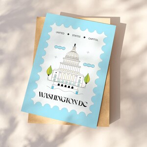 Modern minimalist Washington DC postcard featuring a postage stamp-inspired illustration of the US Capitol on a sky-blue background. A stylish and unique Washington DC travel souvenir, political art print, or collector’s item. High-quality 4x6 postcard, perfect for sending or displaying