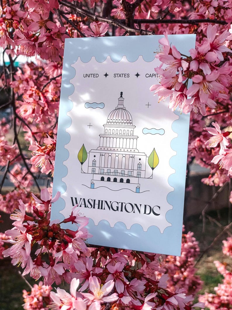 Modern minimalist Washington DC postcard featuring a postage stamp-inspired illustration of the US Capitol on a sky-blue background. A stylish and unique Washington DC travel souvenir, political art print, or collector’s item. High-quality 4x6 postcard, perfect for sending or displaying