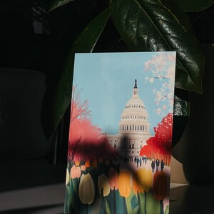 Vibrant cherry blossom art postcard with The US Capitol surrounded by flowers and cherry blossom trees, a unique Washington DC souvenir for spring lovers, cherry blossom postcard perfect for gifts or decor