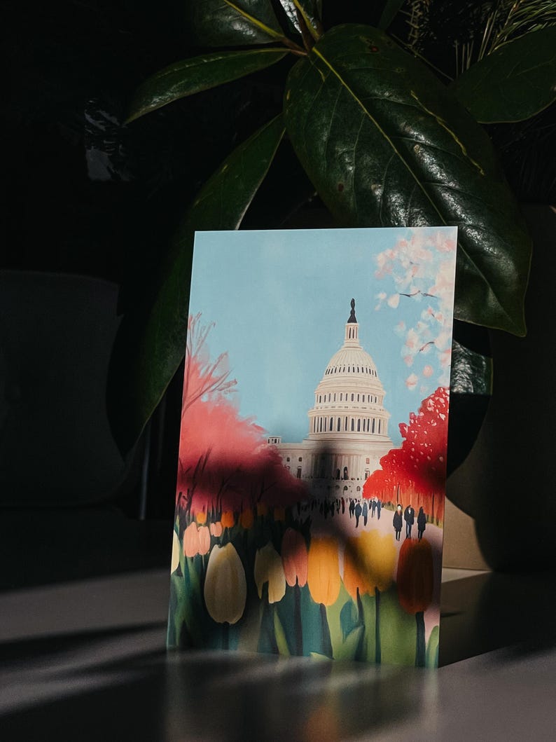 Vibrant cherry blossom art postcard with The US Capitol surrounded by flowers and cherry blossom trees, a unique Washington DC souvenir for spring lovers, cherry blossom postcard perfect for gifts or decor