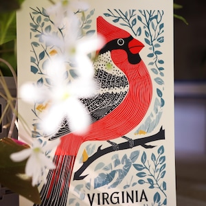 Cartolina con il Cardinale della Virginia, uccello cardinale rosso, souvenir con il simbolo dello Stato della Virginia, regalo con decorazione murale raffigurante un uccello dello Stato, elegante biglietto d'auguri 4x6