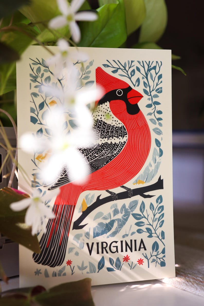 Virginia postcard featuring a state symbol — red cardinal bird. A perfect 4x6" Virginia souvenir for nature lovers, posrcrossers, snail mail lovers, bird watchers, and wildlife enthusiasts. Printed on premium matte cardstock, capturing the serene beauty of Virginia’s waterways. Wonderful watercolor postcard for mailing.