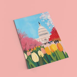 Vibrant cherry blossom art postcard with The US Capitol surrounded by flowers and cherry blossom trees, a unique Washington DC souvenir for spring lovers, cherry blossom postcard perfect for gifts or decor
