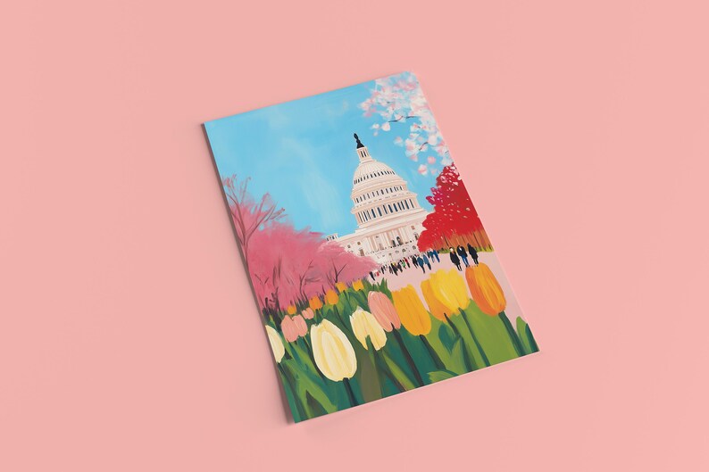 Vibrant cherry blossom art postcard with The US Capitol surrounded by flowers and cherry blossom trees, a unique Washington DC souvenir for spring lovers, cherry blossom postcard perfect for gifts or decor