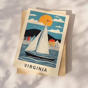 Whimsical Virginia sailboat postcard featuring a nautical watercolor illustration of a yacht on the ocean. Chesapeake Bay and Virginia Beach travel souvenir. Coastal home decor, seaside gift, sailing adventure print, and maritime art keepsake