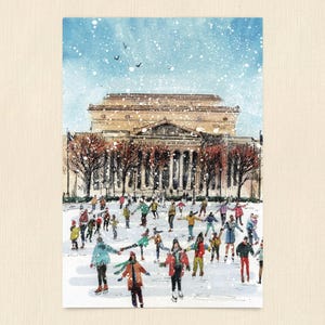 Washington DC Christmas postcard featuring a festive illustration of ice skaters at the National Gallery Sculpture Garden Ice Rink with snowy trees and holiday lights. Perfect DC holiday souvenir, Christmas greeting card, winter travel keepsake, or New Year postcard. Printed on luxe 4x6 matte cardstock, locally made in Washington DC & Virginia. Great for holiday decor lovers, DC travelers, and postcard collectors.