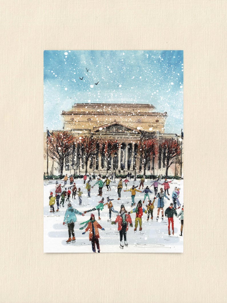 Washington DC Christmas postcard featuring a festive illustration of ice skaters at the National Gallery Sculpture Garden Ice Rink with snowy trees and holiday lights. Perfect DC holiday souvenir, Christmas greeting card, winter travel keepsake, or New Year postcard. Printed on luxe 4x6 matte cardstock, locally made in Washington DC & Virginia. Great for holiday decor lovers, DC travelers, and postcard collectors.