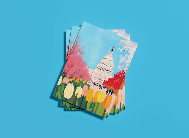 Vibrant cherry blossom art postcard with The US Capitol surrounded by flowers and cherry blossom trees, a unique Washington DC souvenir for spring lovers, cherry blossom postcard perfect for gifts or decor