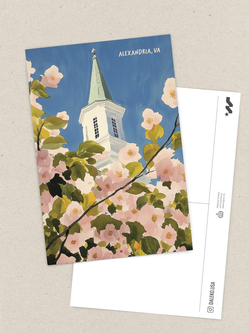 Watercolor illustration of cherry blossom trees in Old Town Alexandria, Virginia. A charming spring scene with soft pink blooms, historic streets, and a touch of whimsy. Perfect for DC Metro area souvenirs and floral art lovers.