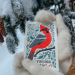 Virginia postcard featuring a state symbol — red cardinal bird. A perfect 4x6" Virginia souvenir for nature lovers, posrcrossers, snail mail lovers, bird watchers, and wildlife enthusiasts. Printed on premium matte cardstock, capturing the serene beauty of Virginia’s waterways. Wonderful watercolor postcard for mailing.
